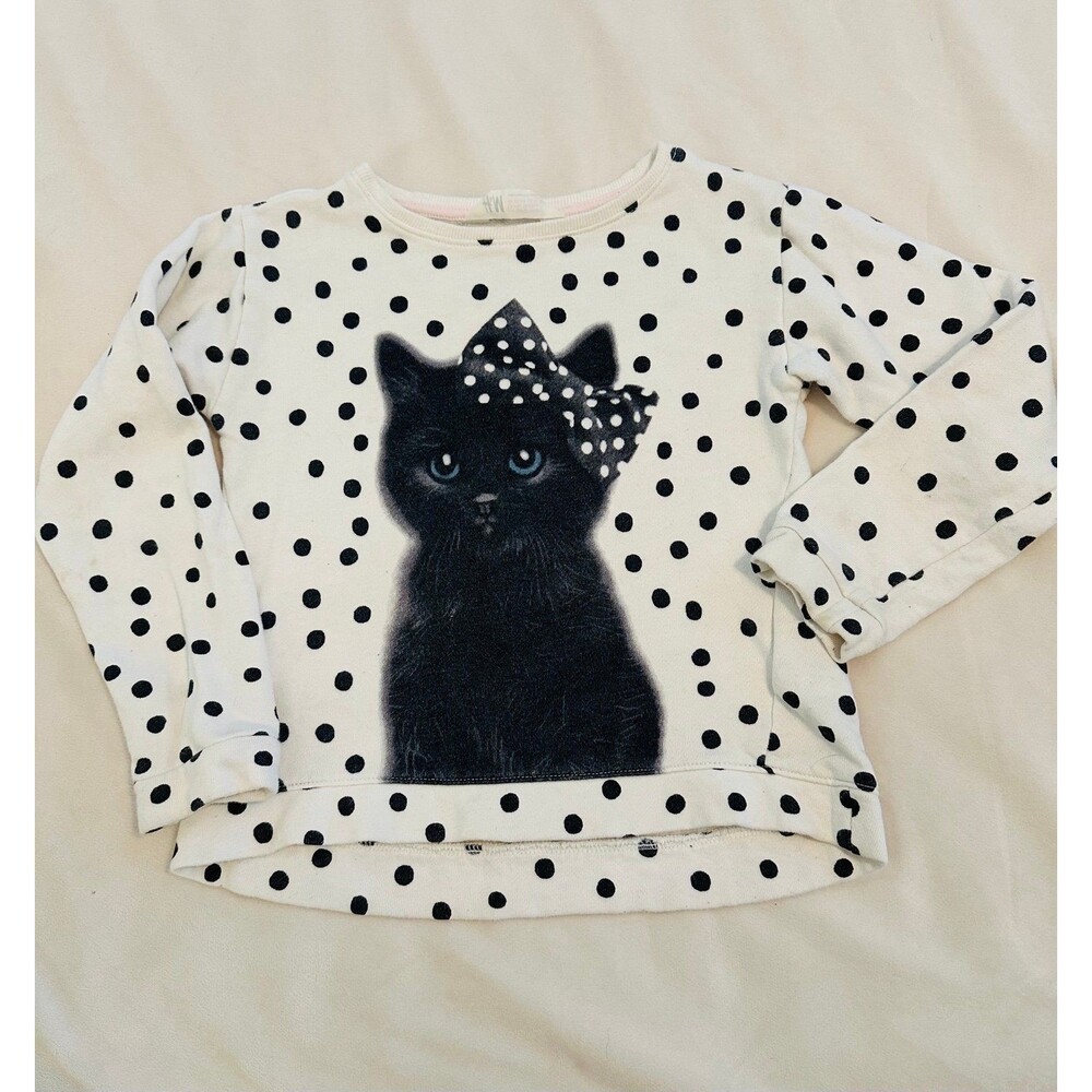 H&M Polka Dot Kitty Cat Lightweight Sweatshirt Blue Eyes Girls Size 6-8